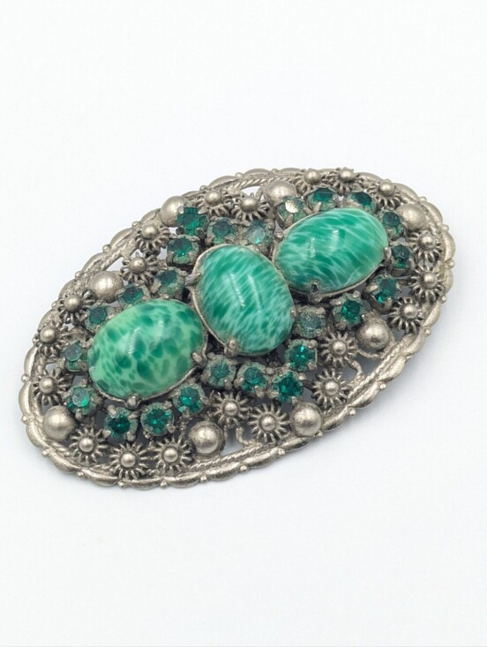 Antique art deco Czech green glass filigree brooch pin